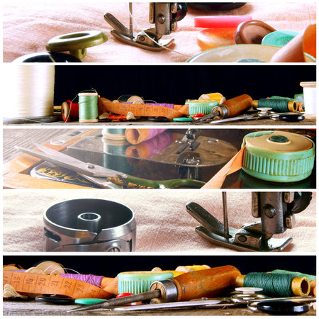 collage of sewing photos .の写真素材