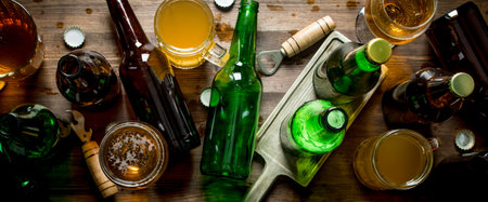 Beer in bottles and glasses. On wooden backgroundの写真素材