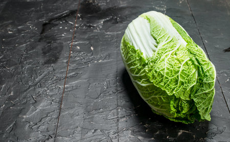 Juicy green cabbage. On rustic backgroundの写真素材
