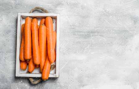 Fresh carrot on the tray. On rustic backgroundの写真素材