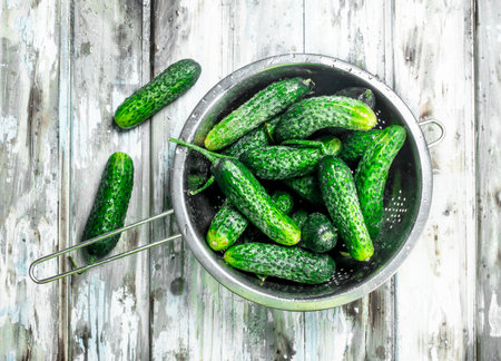 Fresh cucumbers in the colander. On white wooden backgroundの写真素材