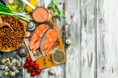 Health food. Salmon with organic vegetables, fruits and nuts. On a rustic background.の写真素材