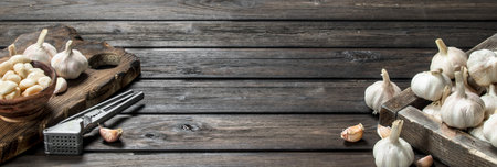 Pieces of garlic in a bowl on a cutting Board. On wooden backgroundの写真素材
