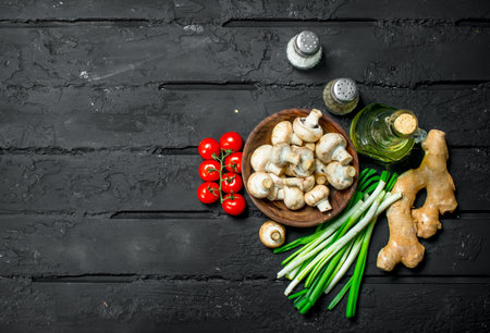 organic food. Various healthy vegetables. On a black rustic background.の写真素材