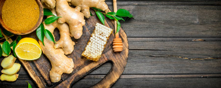 Ginger with lemon and honey on the cutting Board. On wooden background