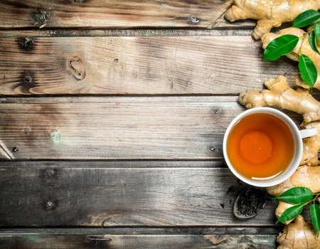 Tea with fresh ginger. On wooden backgroundの写真素材