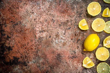 Pieces of fresh lemon. On rustic backgroundの写真素材