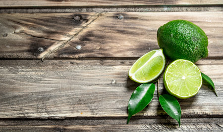 Pieces of juicy lime with leaves. On wooden backgroundの写真素材