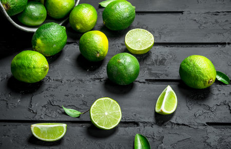 Fresh lime in the bucket. On rustic backgroundの写真素材