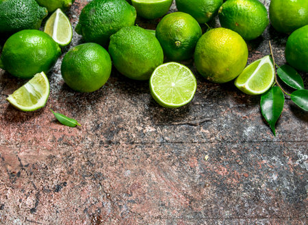 Fresh ripe lime with leaves. On rustic backgroundの写真素材