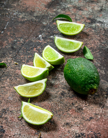 Slices of fresh juicy lime. On rustic backgroundの写真素材