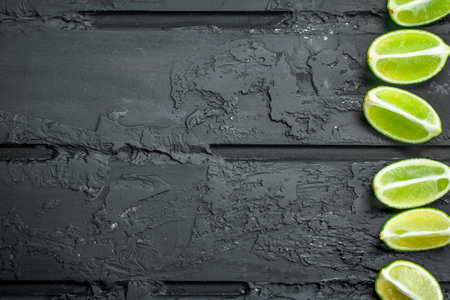Slices of fresh juicy lime. On black rustic backgroundの写真素材