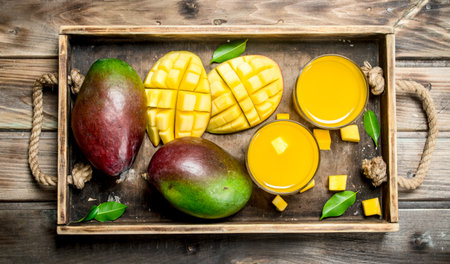 Mango juice in a glass on tray. On wooden backgroundの写真素材
