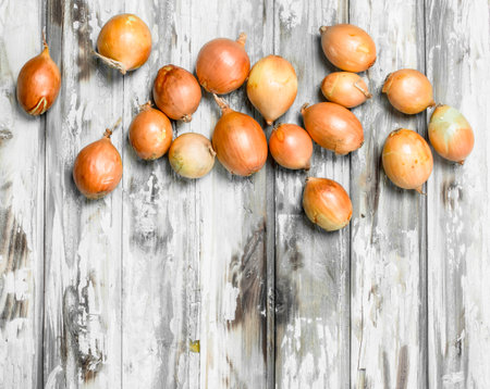 Fragrant fresh onions. On white wooden backgroundの写真素材