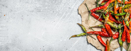 Dried hot pepper pods on paper. On white rustic backgroundの写真素材