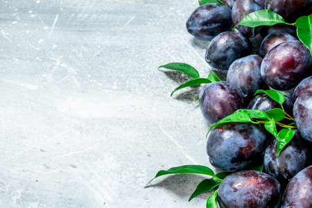 Fresh plums with leaves. On white rustic backgroundの写真素材