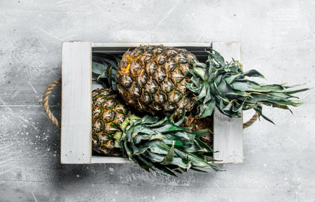 Ripe juicy pineapples in the box. On rustic backgroundの写真素材