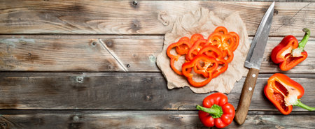 Pieces of fresh sweet pepper on paper with a knife. On wooden backgroundの写真素材