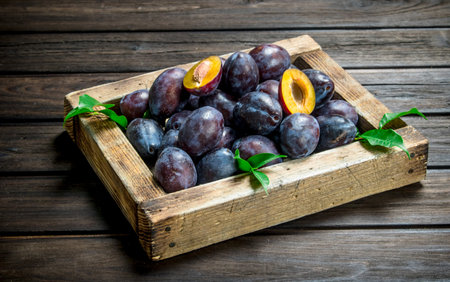Fresh ripe plum with leaves on tray. On wooden backgroundの写真素材