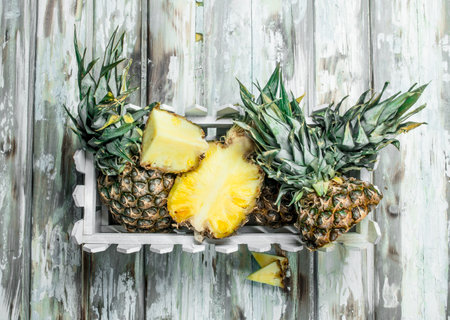 The smell of fresh pineapples per box. On white wooden background