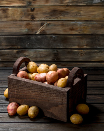 Fresh potatoes in the box. On wooden backgroundの写真素材