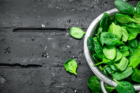 Spinach in a saucepan. On black rustic backgroundの写真素材
