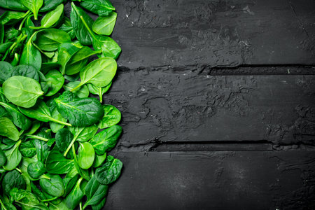 Fresh green spinach. On black rustic backgroundの写真素材