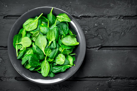The spinach on the plate. On black rustic backgroundの写真素材