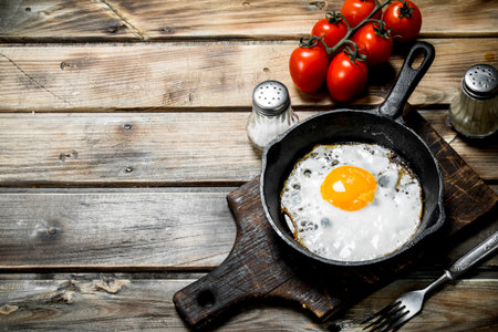 Fried egg in a pan with tomatoes. On a wooden background.の写真素材