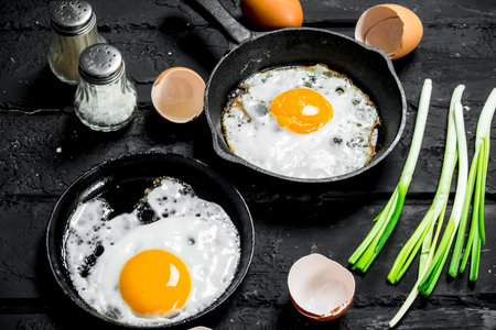 Fried egg with green onions and seasonings. On black rustic background.の写真素材