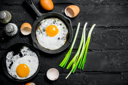 Fried egg with green onions and seasonings. On black rustic background.の写真素材