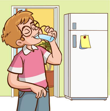 Illustration of a Teenage Boy Drinking Water from a Fridgeのイラスト素材