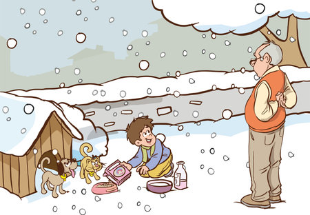 Grandfather and grandson with dog playing in the snow, vector illustrationのイラスト素材