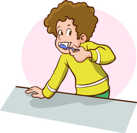 Illustration of a Kid Boy Brushing His Teeth with a Toothbrushのイラスト素材