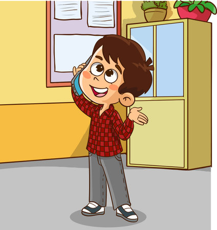 Illustration of a Kid Boy Talking on His Cell Phone While Standing in a Roomのイラスト素材