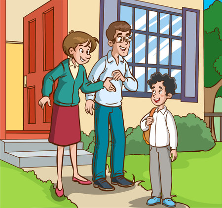 Vector illustration of a happy family standing in front of a school buildingのイラスト素材