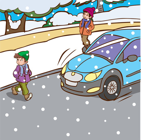 Illustration of Stickman Kids Carrying a Car on Snowy Winter Dayのイラスト素材