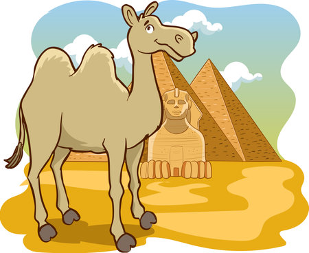 Illustration of a camel and pyramids on a background of the desertのイラスト素材