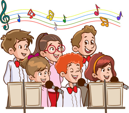 Illustration of a Group of Kids Listening to a Musical Notesのイラスト素材