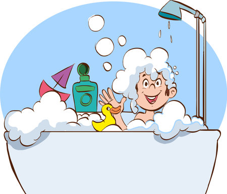 Cartoon woman taking a bath with soap, shampoo and rubber duckのイラスト素材
