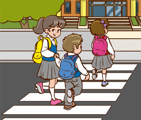 Illustration of Kids Crossing the Street at School on a Crosswalkのイラスト素材