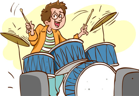 Cartoon Illustration of a Kid Boy Playing Drums and Singingのイラスト素材