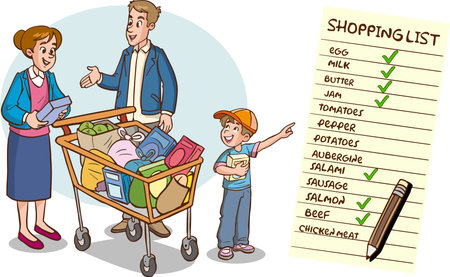Cartoon illustration of a family with shopping cart full of clothes.のイラスト素材