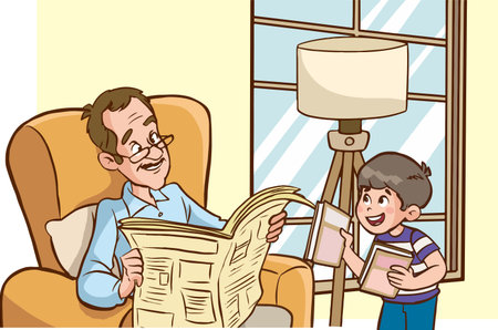 Grandfather and grandson reading a newspaper at home. vector illustration.のイラスト素材