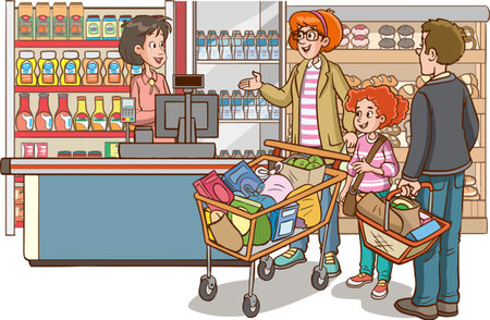 Cartoon illustration of a family shopping in a grocery store or supermarketのイラスト素材