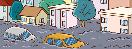 Cartoon illustration of a flood in the city with houses and carsのイラスト素材