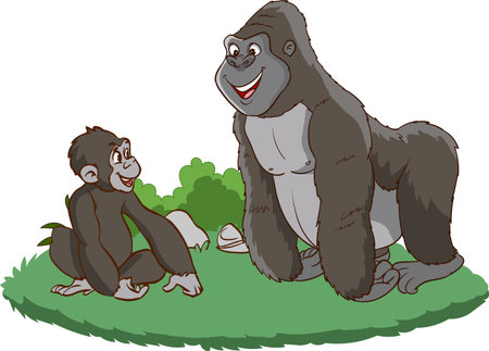 Gorilla and monkey sitting on the grass. Vector illustration.のイラスト素材