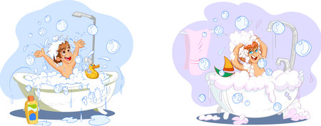 Illustration of a Girl Taking a Bath with Soap Bubblesのイラスト素材