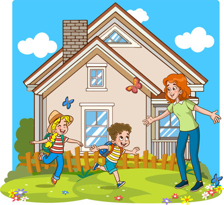 Mother and children in front of the house. Vector cartoon illustration.のイラスト素材