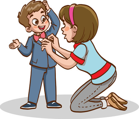 Mother helping her son to tie his tie. Vector clip art illustration.のイラスト素材